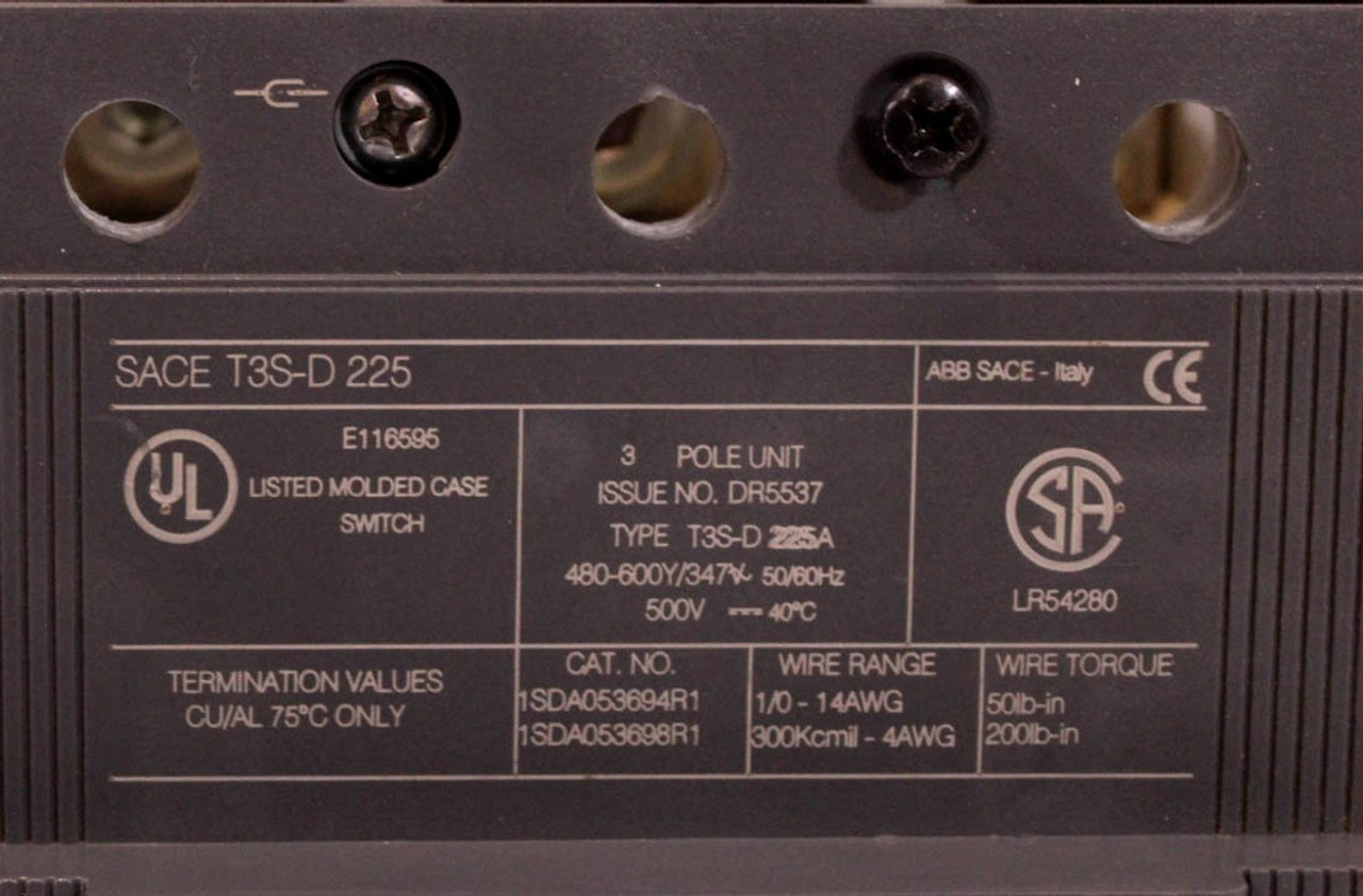 ABB T3S-D SACE Tmax Molded Case Switch | 225A | 3 Pole | 480-600Y/347V AC | 50/60Hz ABB T3S-D SACE Tmax Molded Case Switch | 225A | 3 Pole | 480-600Y/347V AC | 50/60Hz