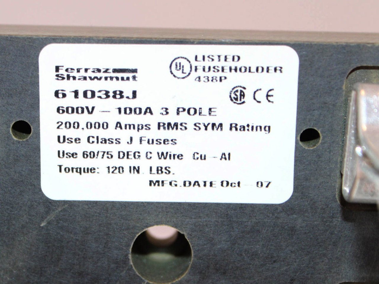 Ferraz Shawmut 61038J Fuse Block 100A 600V 3P Class J
