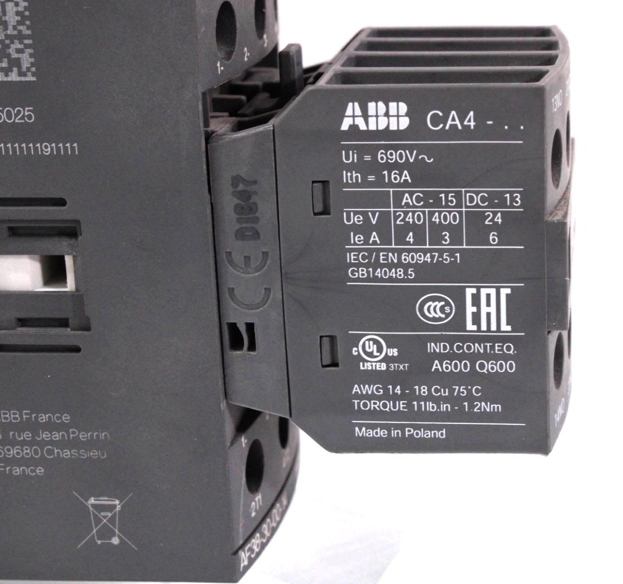 ABB AF38-30-00-14 Contactor 50A 600V 3P 250-500V 50/60Hz-DC Type AF38 w/CA4-22E