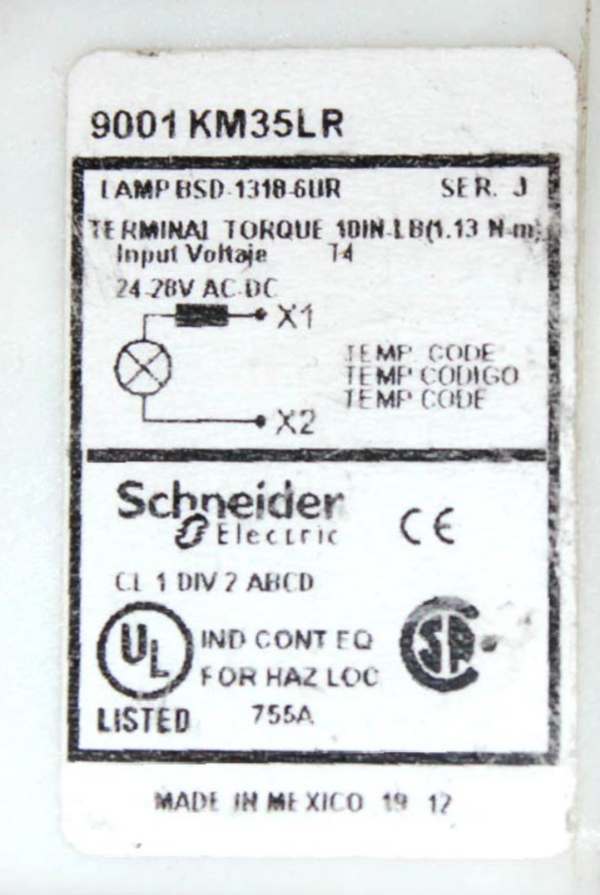 Schneider Electric 9001KM35LR Red Pilot Light 24-28V W/ 9001KA Ser K Push Button