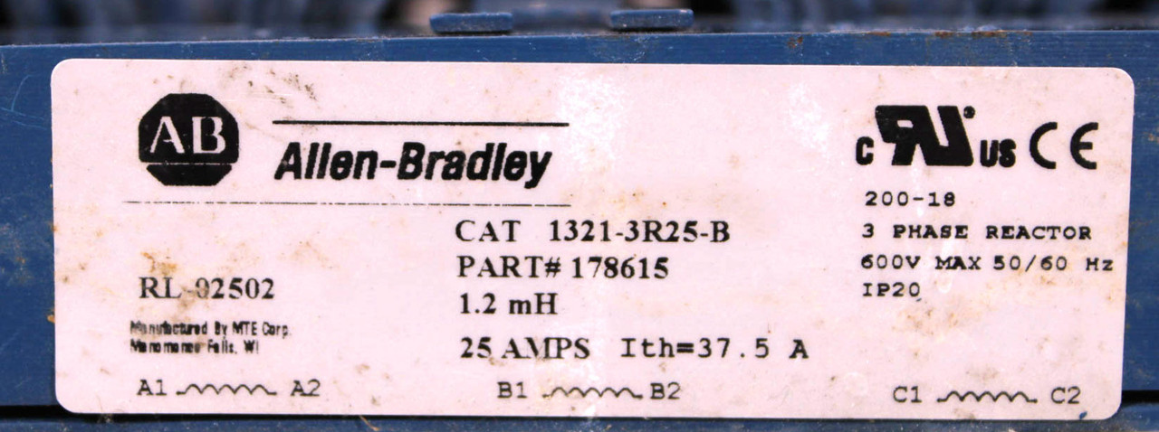 Allen-Bradley 1321-3R25-B Line Reactor 25A 600V 3PH 50/60Hz 1.2mH Open Type