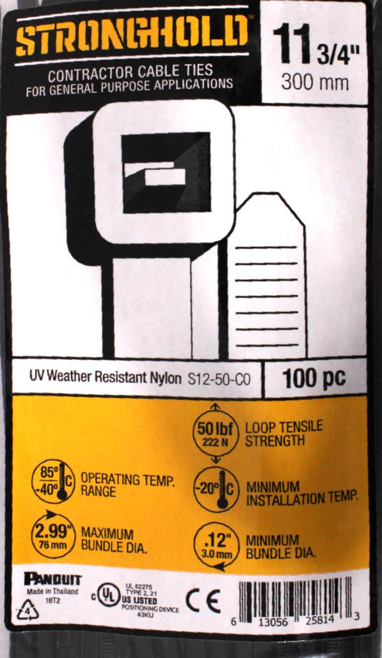 Panduit S12-50-C0 Cable Ties UV Weather Resistant  Nylon 11-3/4in 100 pieces