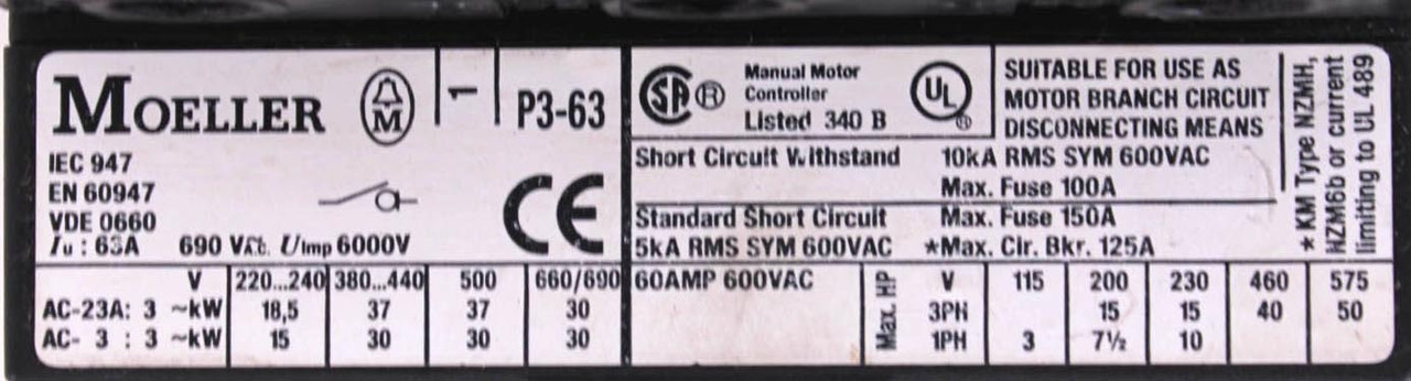 Moeller P3-63 Disconnect Switch Base Only 690VAC 63A