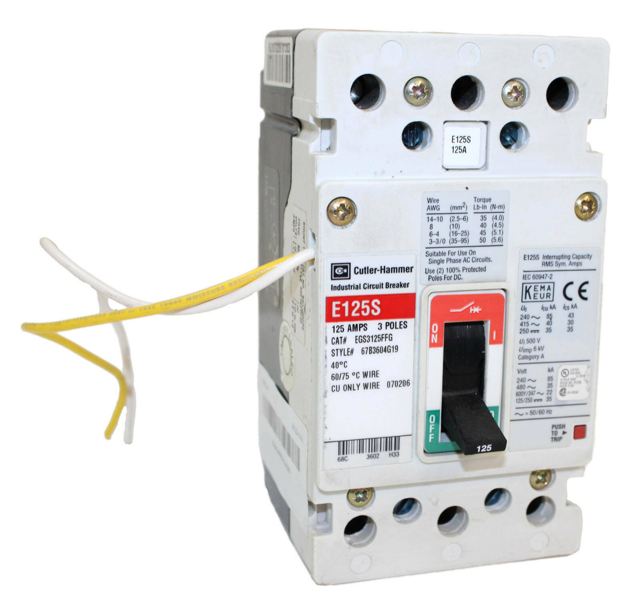Cutler Hammer EGS3125FFG Circuit Breaker | 125A | 3P | 600V AC | 35kA @ 480V | Shunt Trip SNT120CPK | UL Listed MCCB