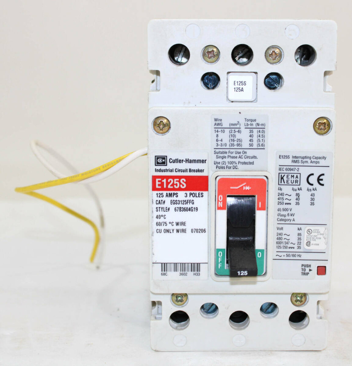 Cutler Hammer EGS3125FFG Circuit Breaker | 125A | 3P | 600V AC | 35kA @ 480V | Shunt Trip SNT120CPK | UL Listed MCCB