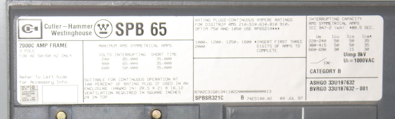 Cutler-Hammer SPB 65 Breaker 2000A 600V 3P 50kA with Digitrip RMS 510 S52LSI; Auxiliary Switch SPBAUXC164 6A at 600V