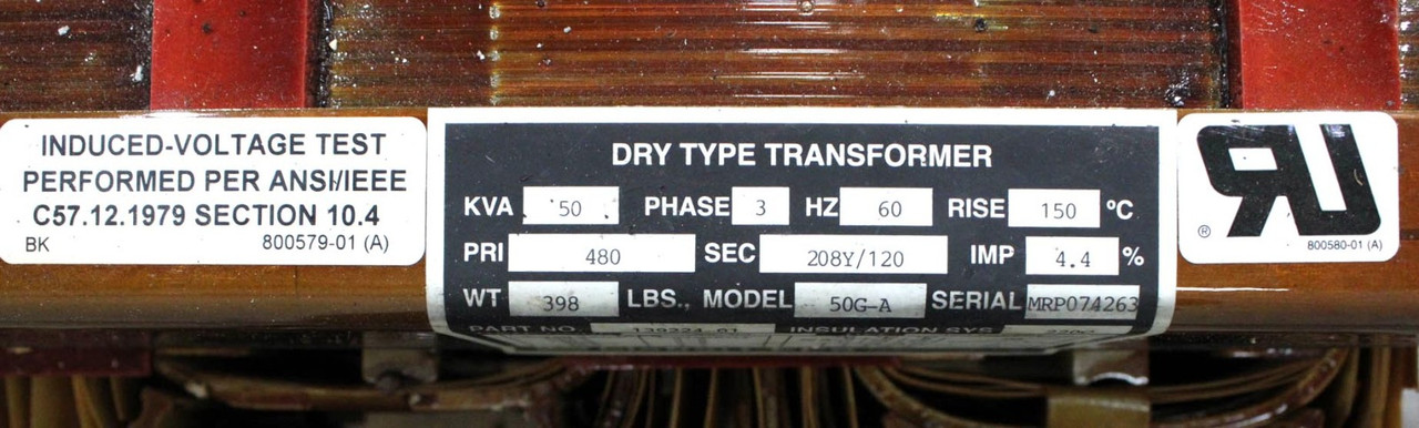 Liebert 139224-01 Dry Type Transformer  50KVA 3PH P: 480V S: 208Y/120V Model: 50GA