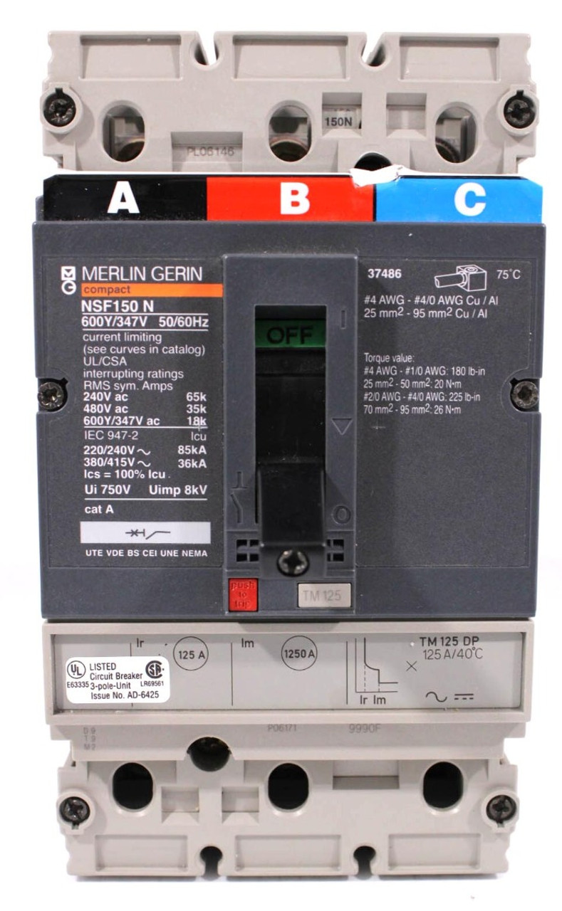 Merlin Gerin NSF150 N Breaker 125A 600Y/347V 3P 18kA Bolt-On