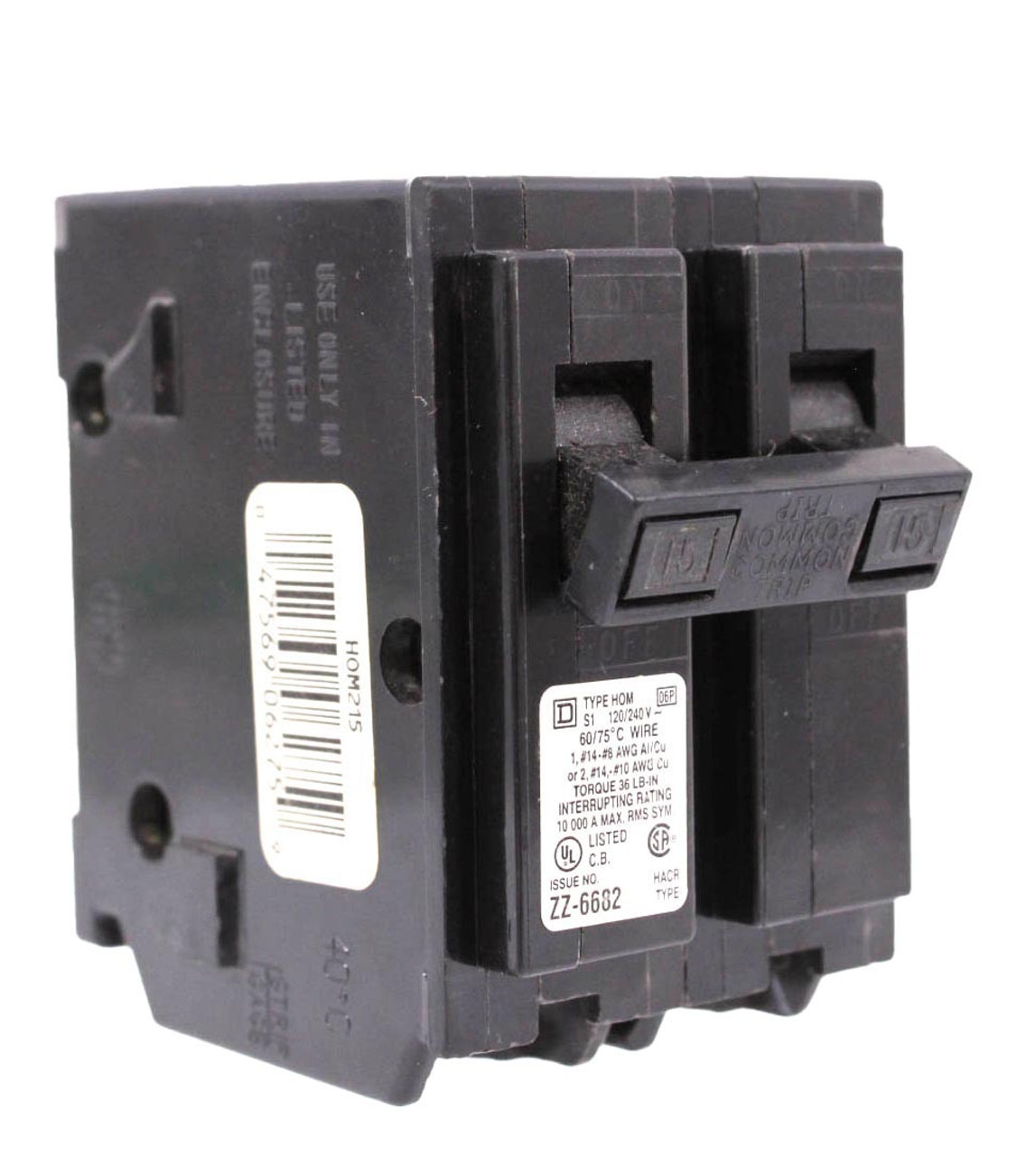 Square D HOM215 Breaker 15A 120/240V 2P 1PH 10kA Plug In Type HOM