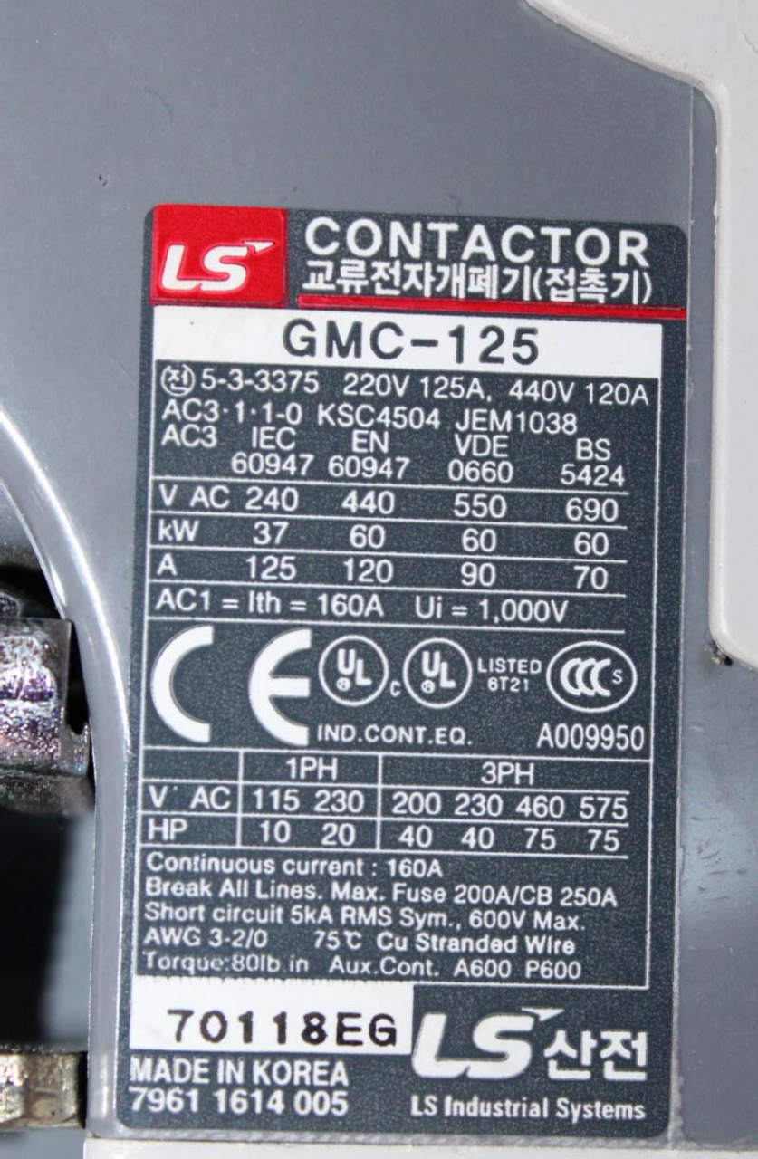 LS Industries (LG) GMC-125 Contactor 125A 3P w/100-240VAC 100-220VDC Coil