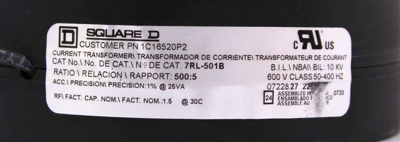 Square D 7RL-501B Current Transformer Ratio 500:5 600V Class 50-400Hz 1C16520P2