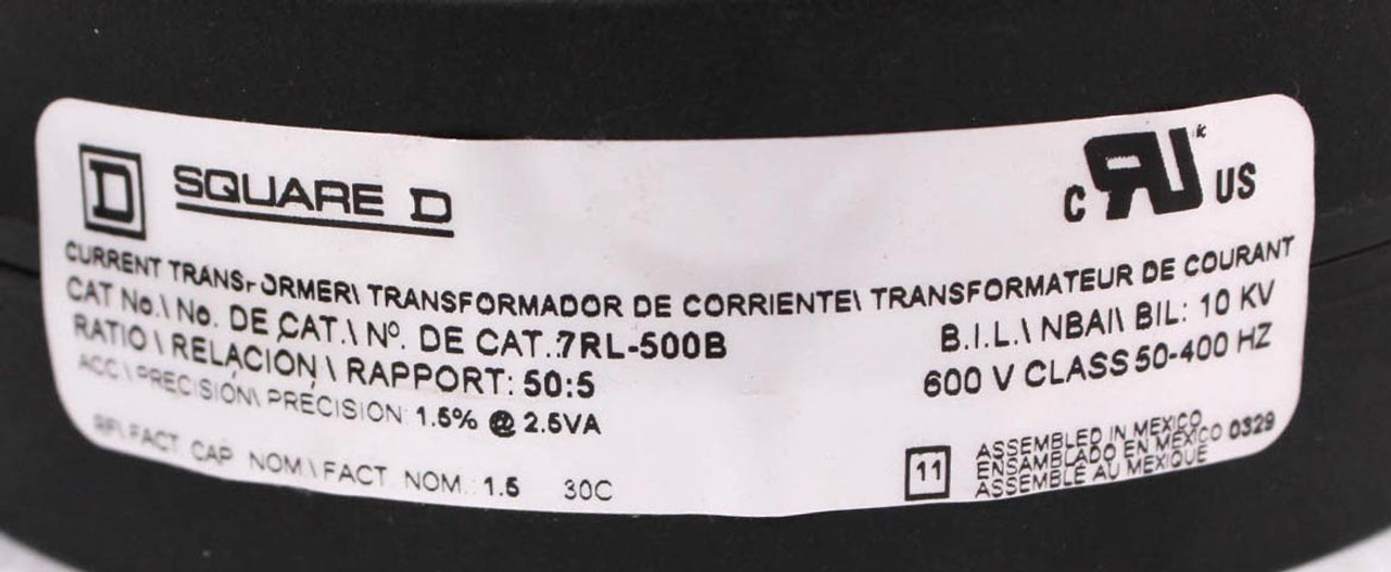 Square D 7RL-500B Current Transformer Ratio 50:5 600V Class 50-400Hz