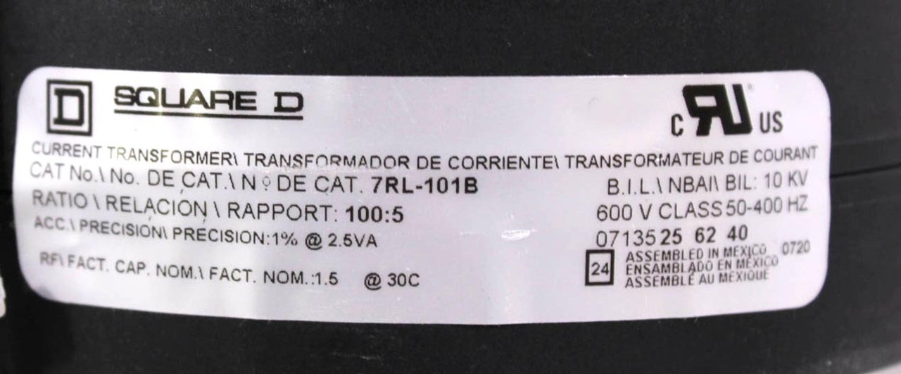 Square D 7RL-101B Current Transformer Ratio 100:5 600V Class 50-400Hz