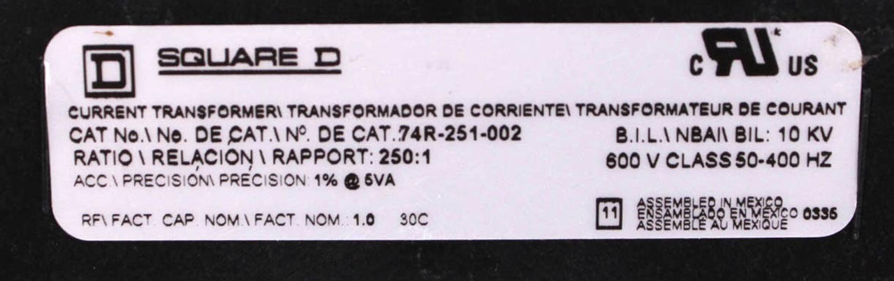 Square D 74R-251-002 Current Transformer Ratio 250:1 600V Class 50-400Hz