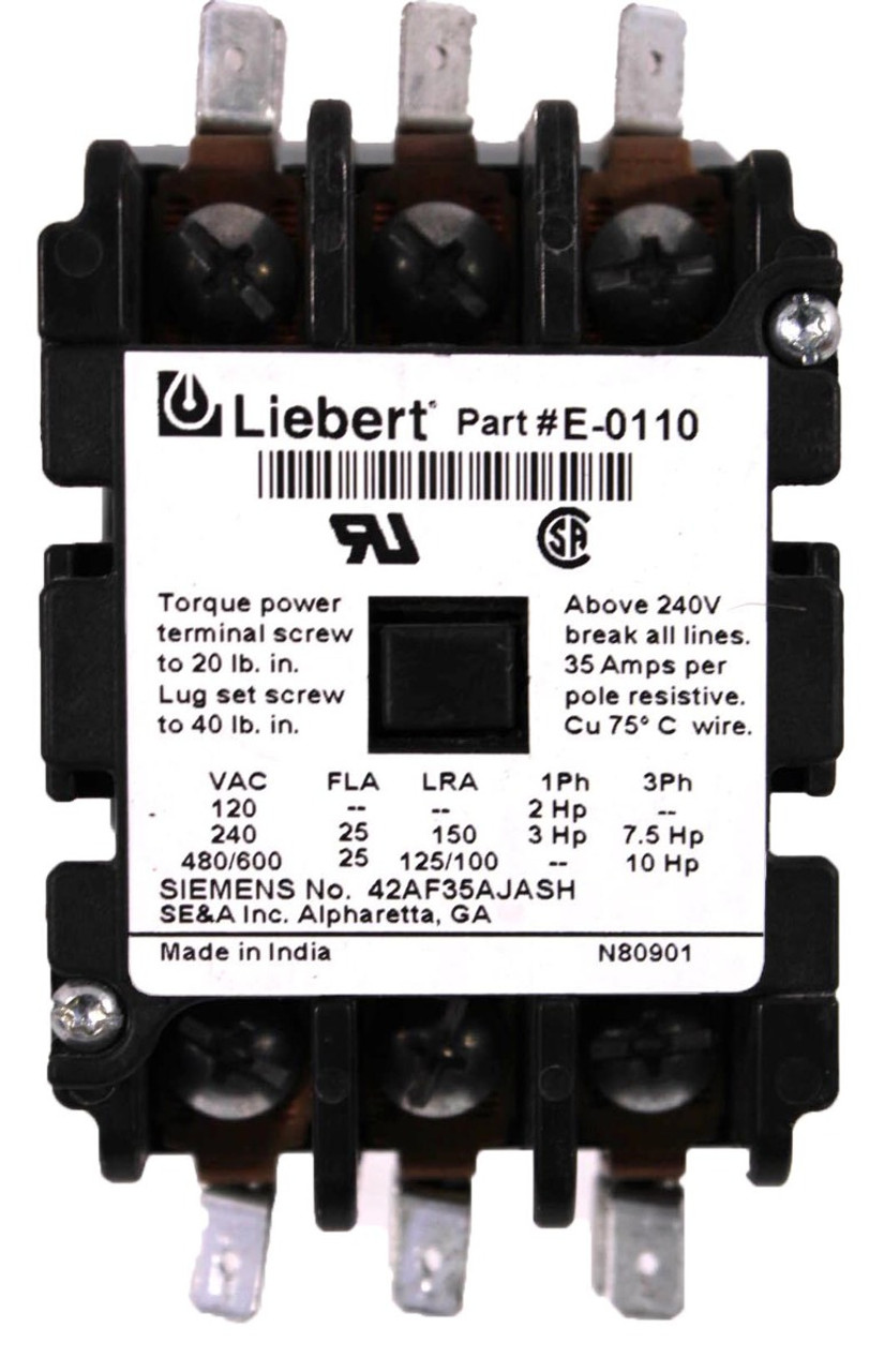 Liebert 42AF35AJASH Contactor E-0110 35A 240V 3P Coil 75D70641J 24V 50/60Hz