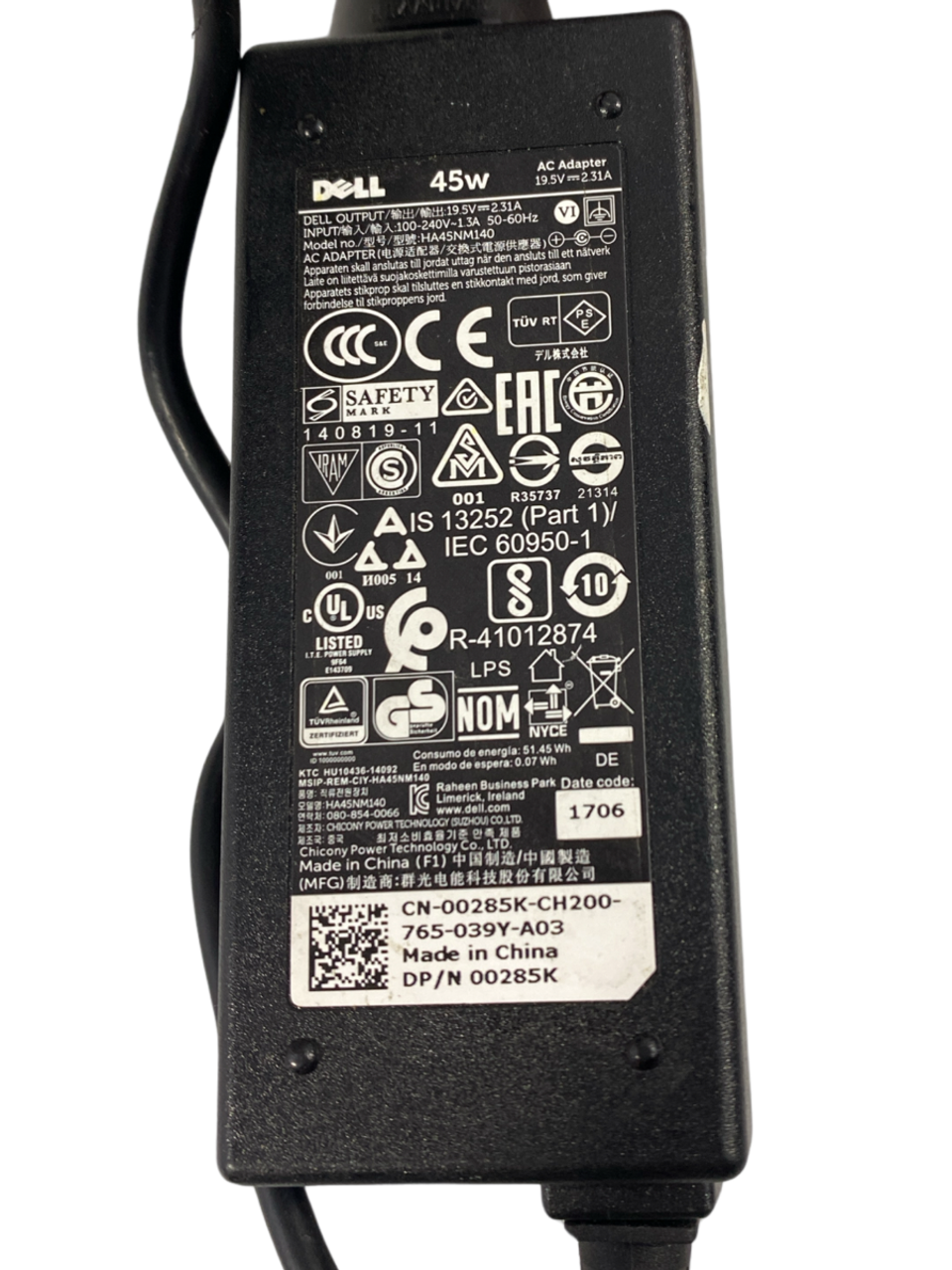 Dell 00285K AC Adapter w/Power Cord 45W 19.5V 2.31A Model HA45NM140