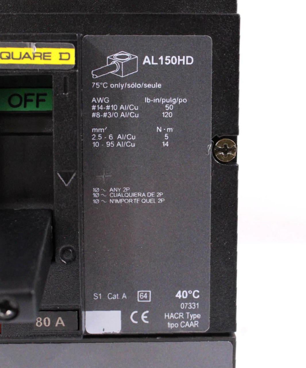 Square D HGF36080SOYE PowerPact HG 150 Breaker 80A 600V 3P 18kA Busbar Thermal Magnetic 527874P9