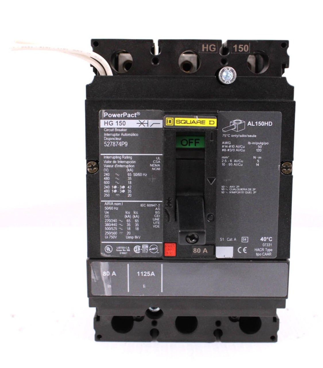 Square D HGF36080SOYE PowerPact HG 150 Breaker 80A 600V 3P 18kA Busbar Thermal Magnetic 527874P9