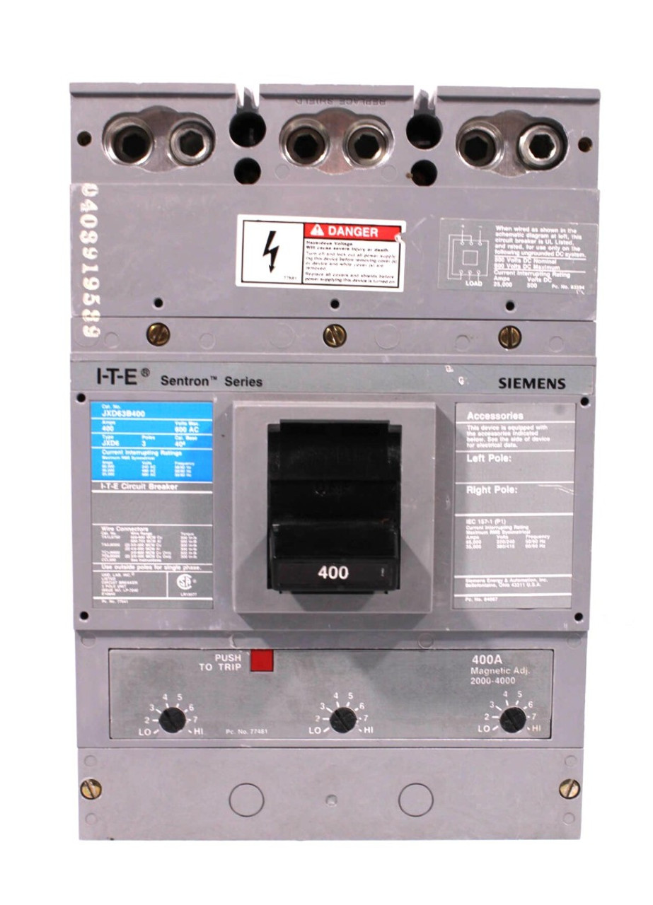 I-T-E JXD63B400 Sentron Breaker 400A 3P 600V Type JXD6 w/Magnetic Adj. 2000-4000