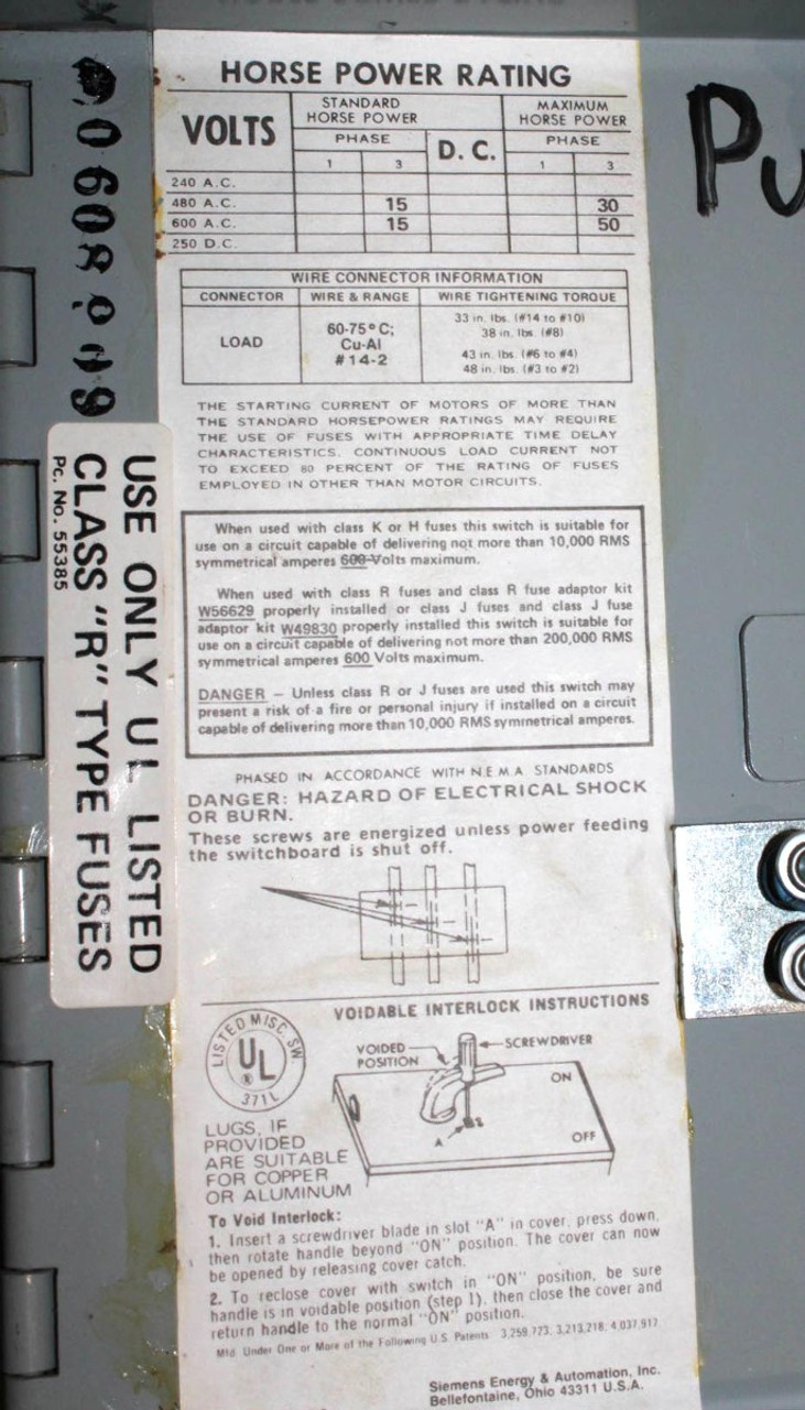 Siemens V7E3622 Fusible Twin Vacu-Break Switch w/Mounting Hardware 60A/60A 600V 3 Poles 3 Phase Series A