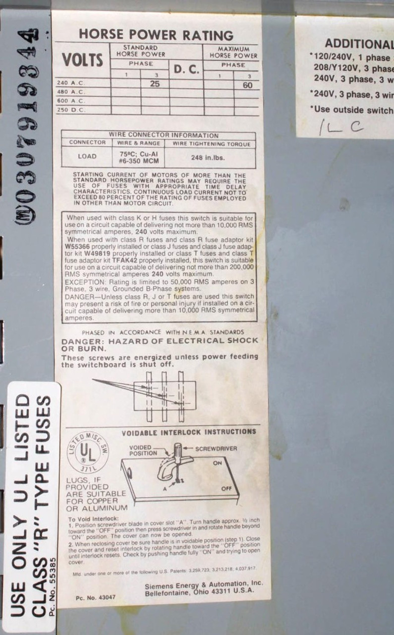 Siemens V7F3204 Vacu-Break Fusible Switch 200A 240V 3 Pole 3 Phase Series A