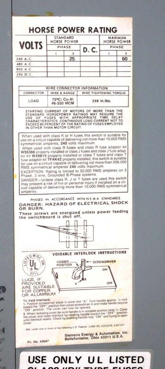 Siemens V7F3204 Vacu-Break Fusible Switch 200A 240V 3 Poles 3 Phase Series A