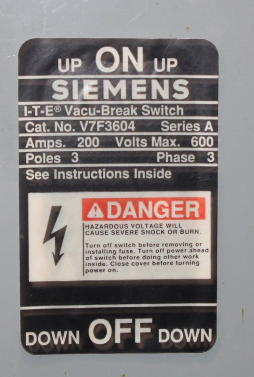 Siemens V7F3604 Vacu-Break Fusible Switch 200A 600V 3 Poles 3 Phase Series A