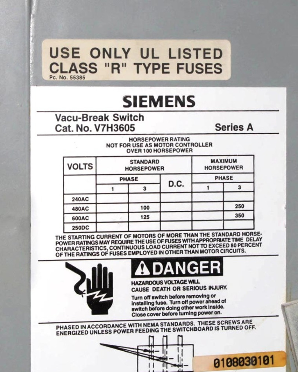 Siemens V7H3605 Vacu-Break Fusible Switch 400A 600V 3 Poles 3 Phase Series A