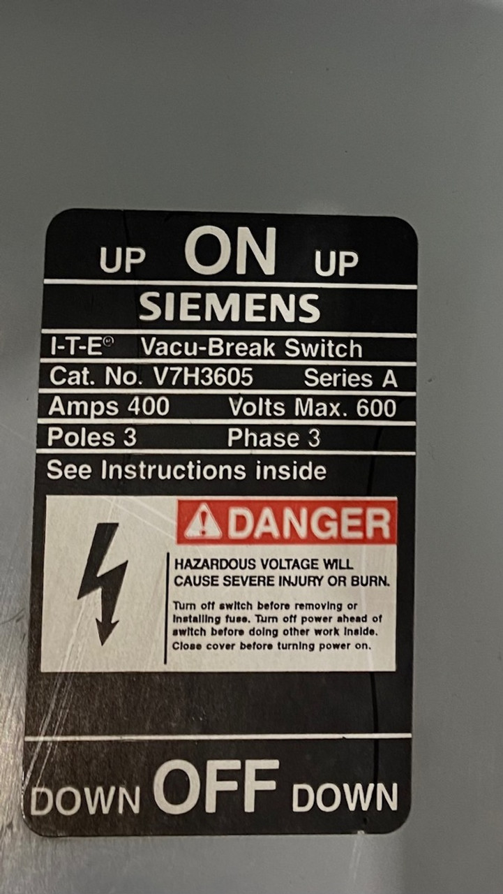 Siemens V7H3605 Vacu-Break Fusible Switch 400A 600V 3 Poles 3 Phase Series A