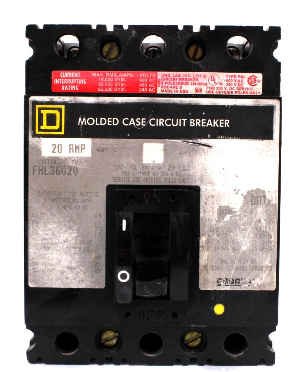 Square D FHL36020 Breaker 20A 600V 3P 50/60Hz 18kA Type FHL