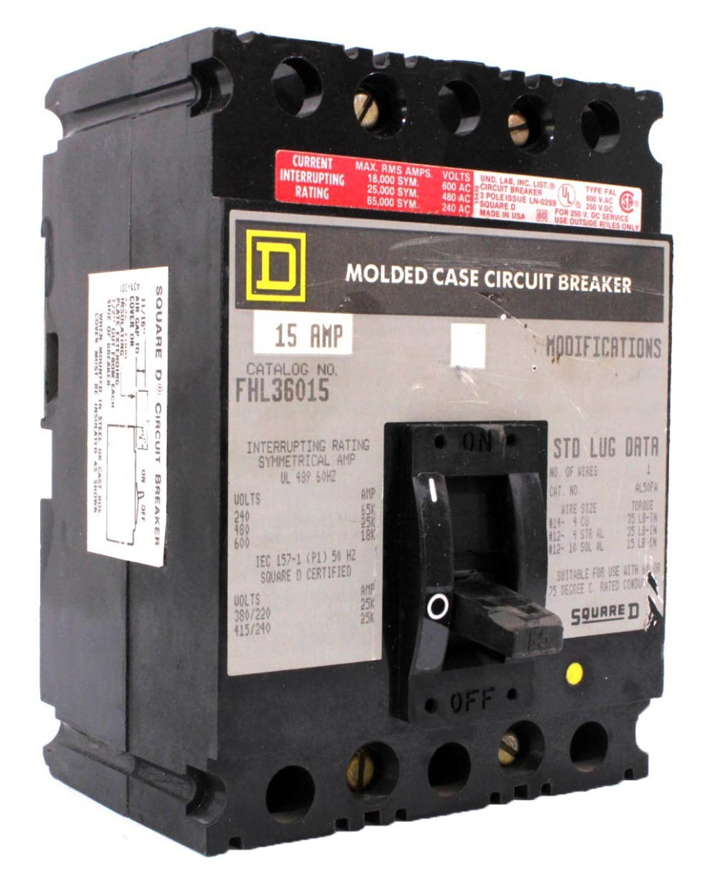 Square D FHL36015 Breaker 15A 600V 3P 18kA Type FHL