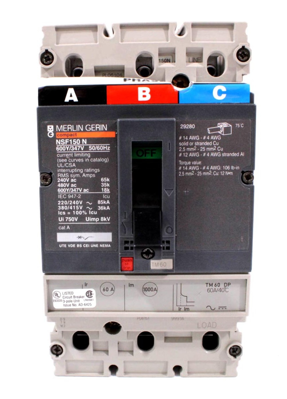 Merlin Gerin NSF150 N Compact Breaker 60A 3P 600Y/347V 50/60Hz
