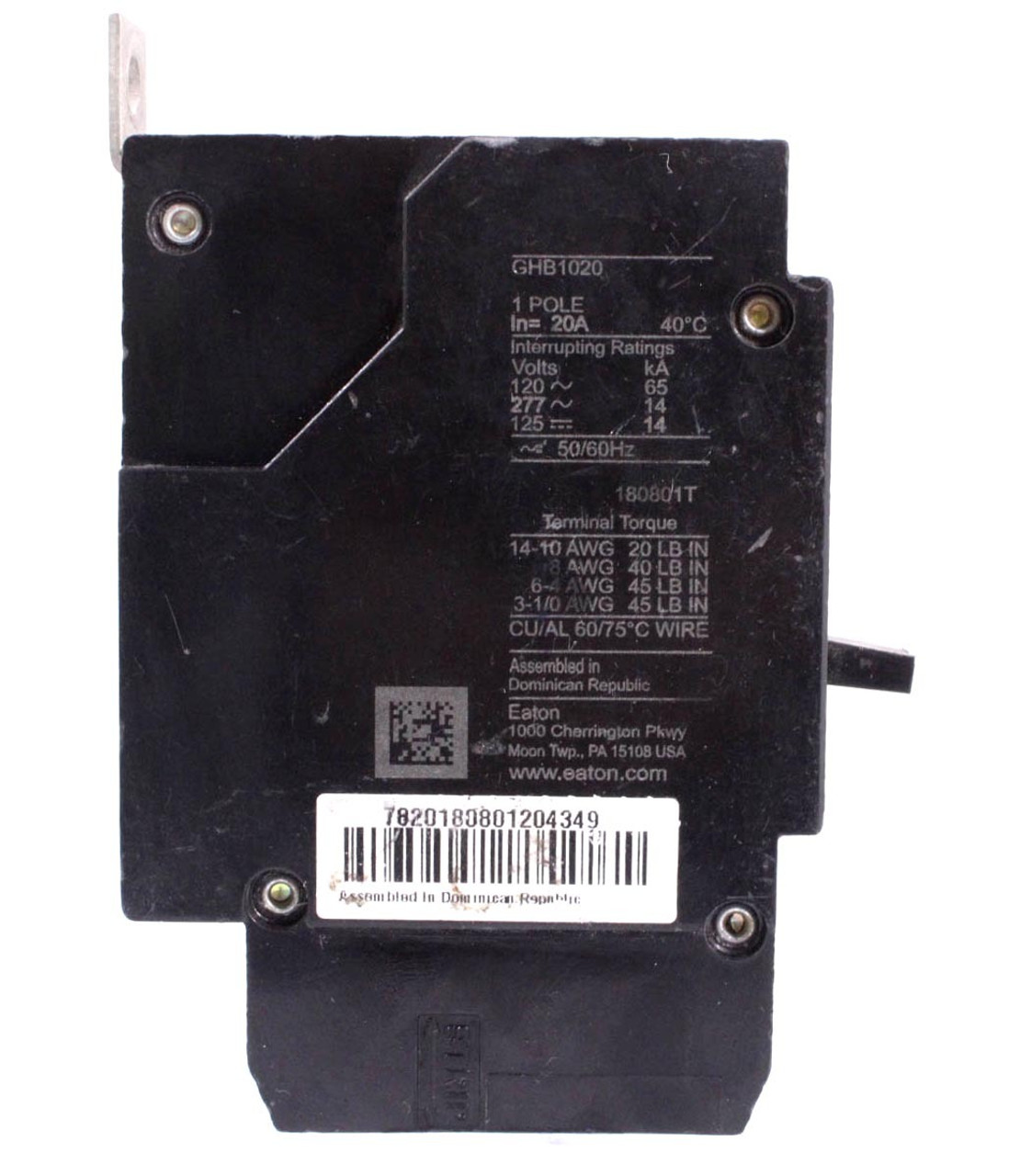 Eaton GHB1020 Bolt-On Breaker 20A 277V Single Pole 14kA 50/60Hz Type GHB