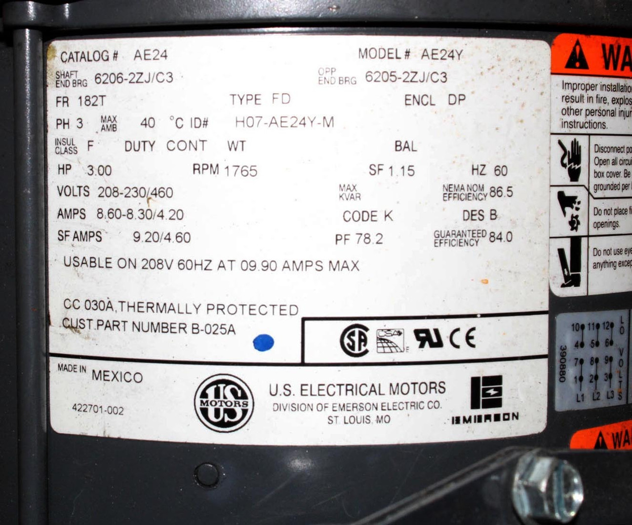 U.S. Electrical Motors AE24Y Energy Efficient Motor 3HP 3PH 230/460V 1765RPM