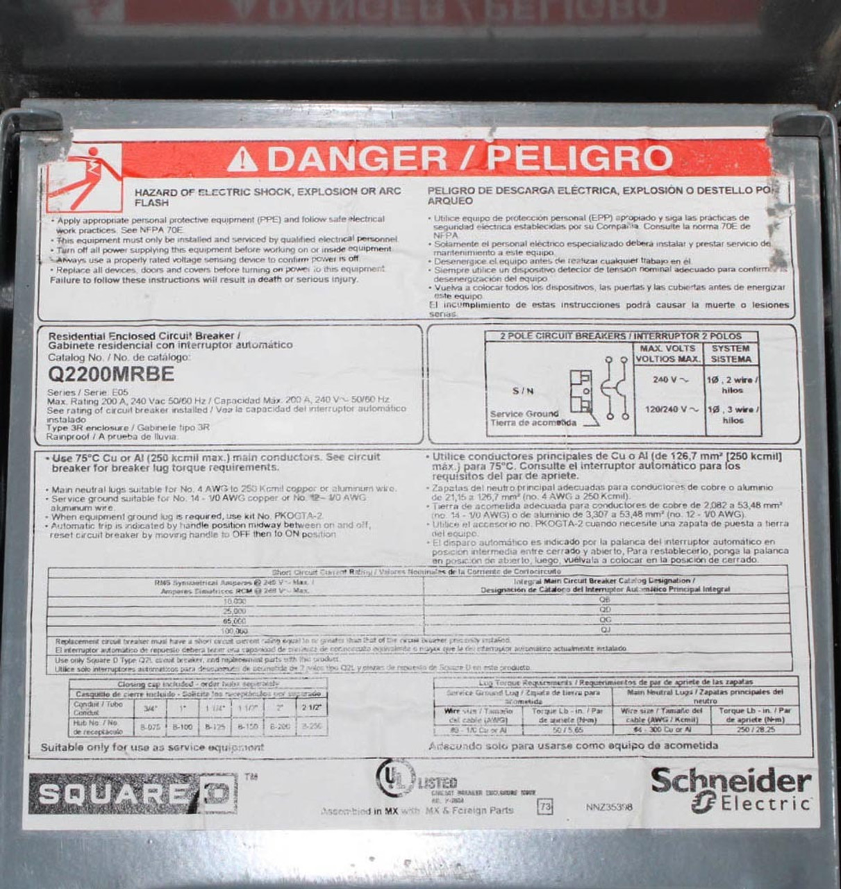 Square D Q2200MRBE Breaker Enclosure PowerPacT Q 200A 25kA 2P NEMA 3R
