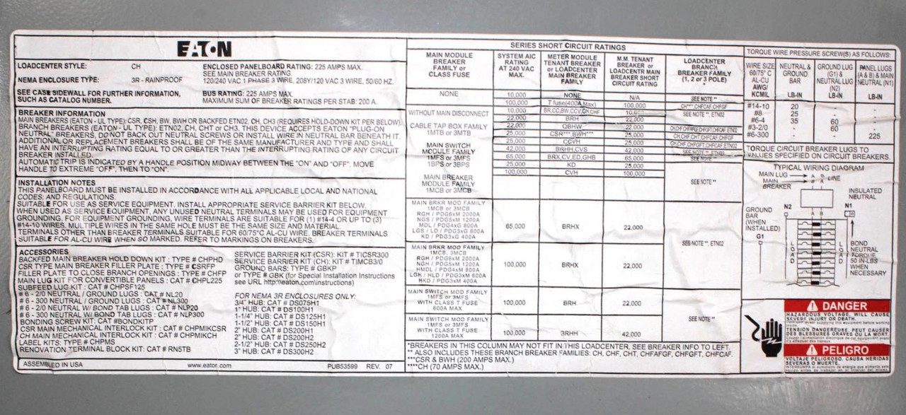 Eaton CHP08B200RF Main Breaker Loadcenter W/Breaker 200A 240V 25kA 60Hz NEMA3R