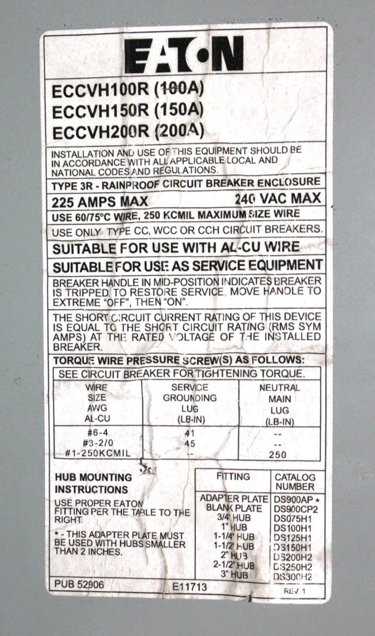 Eaton ECCVH200R Breaker Enclosure W/Breaker 200A 240V 25kA 60Hz NEMA 3R