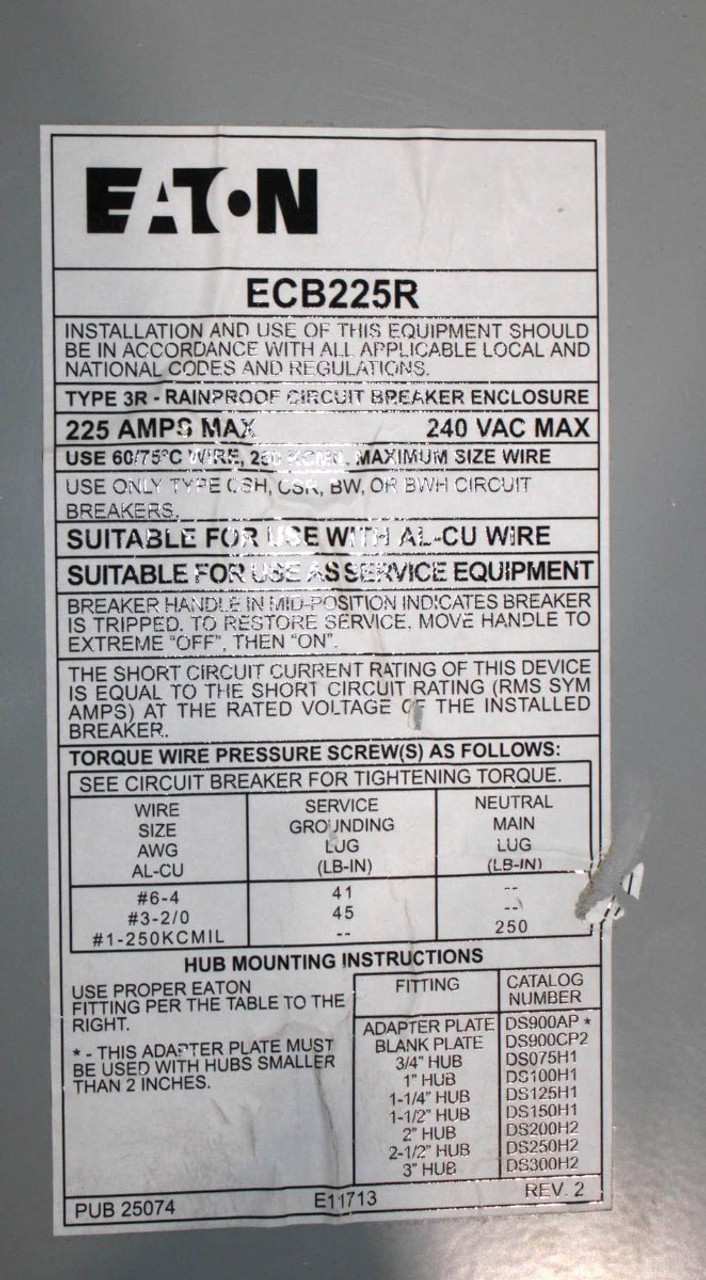 Eaton ECB225R Main Breaker Enclosure W/Breaker 200A 240V 2P 60Hz 25kA NEMA 3R