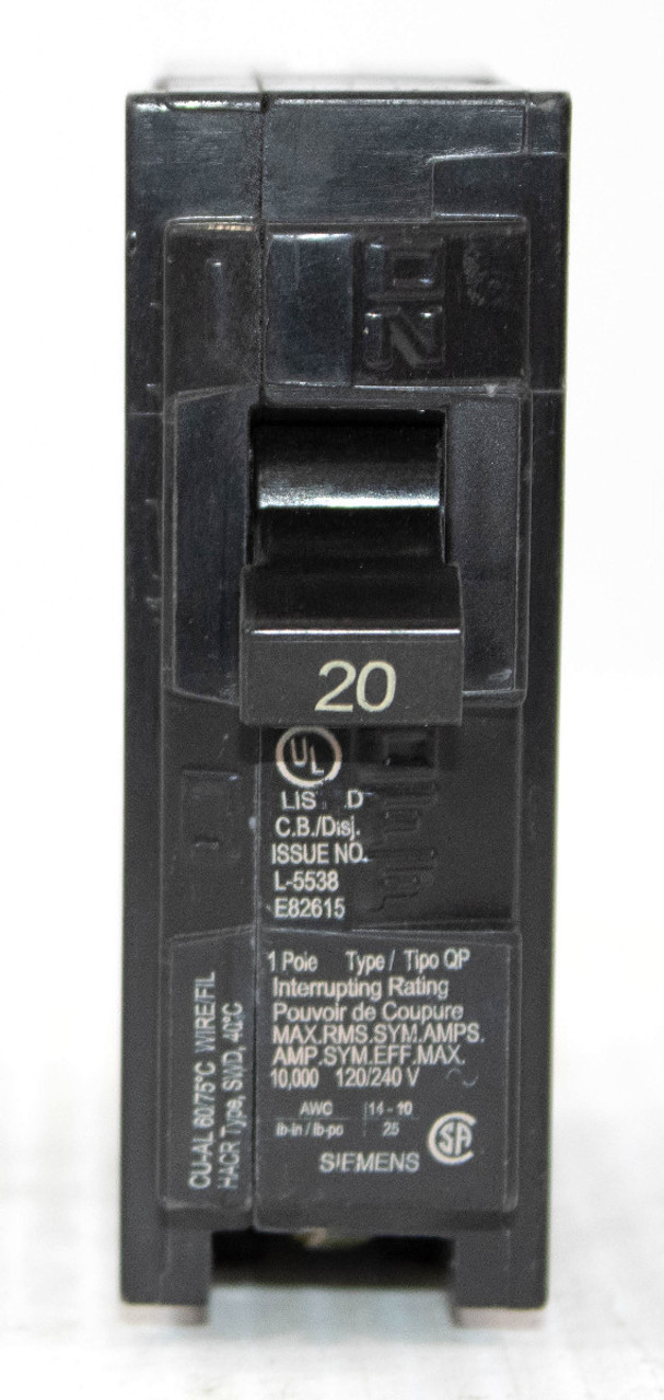 Siemens Q120 Breaker 20A 120/240V 1P 10kA Plug In