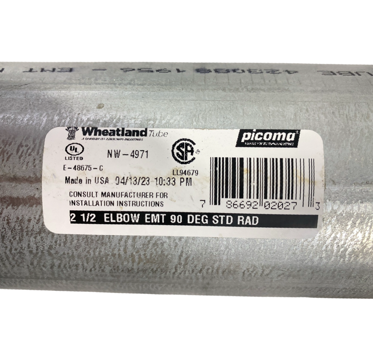 Wheatland/Picoma 8347 2-1/2-inch EMT Elbow 90 Deg. STD RAD Galvanized Steel