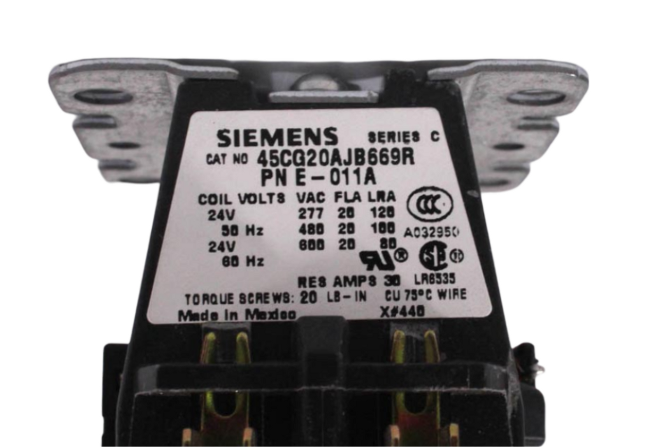 Siemens 45CG20AJB669R Contactor 30A 600V 24V Coil 50/60Hz Series C