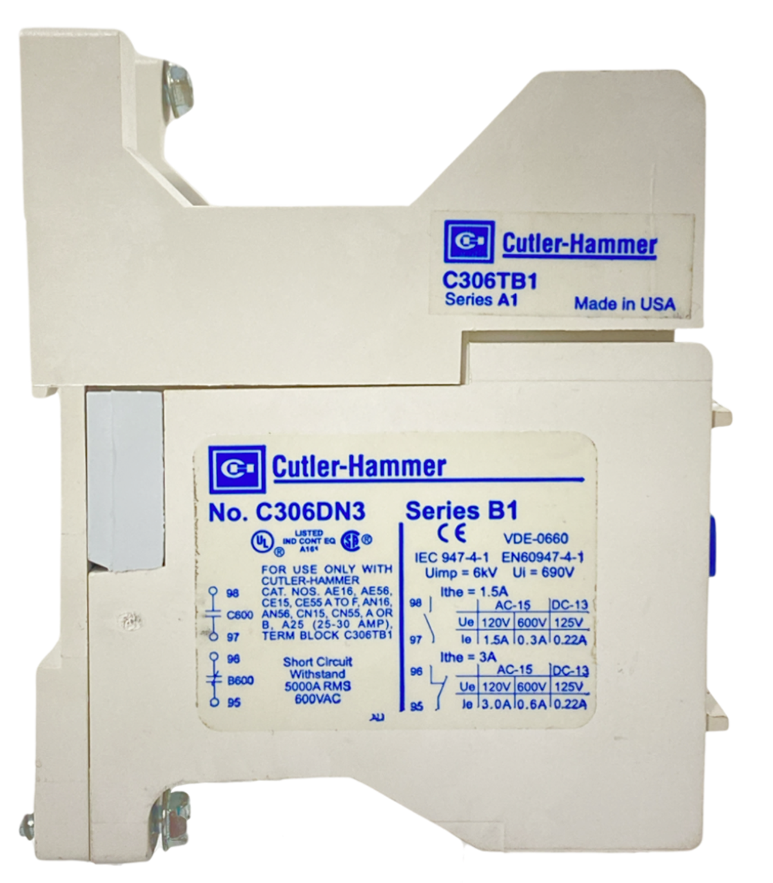 Cutler Hammer C306DN3 Overload Relay 32A 600V 3P W/C306TB1 Din Rail