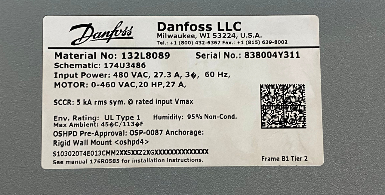 Danfoss 134F7594 HVAC Drive FC-103 15KW 20HP 3PH 380/480V 25A 50/60Hz VLT Main Disconnect Refrigeration Drive