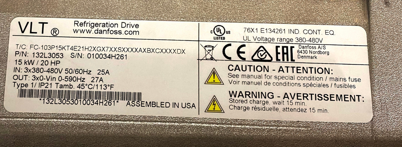 Danfoss 134F7594 HVAC Drive FC-103 15KW 20HP 3PH 380/480V 25A 50/60Hz VLT Main Disconnect Refrigeration Drive