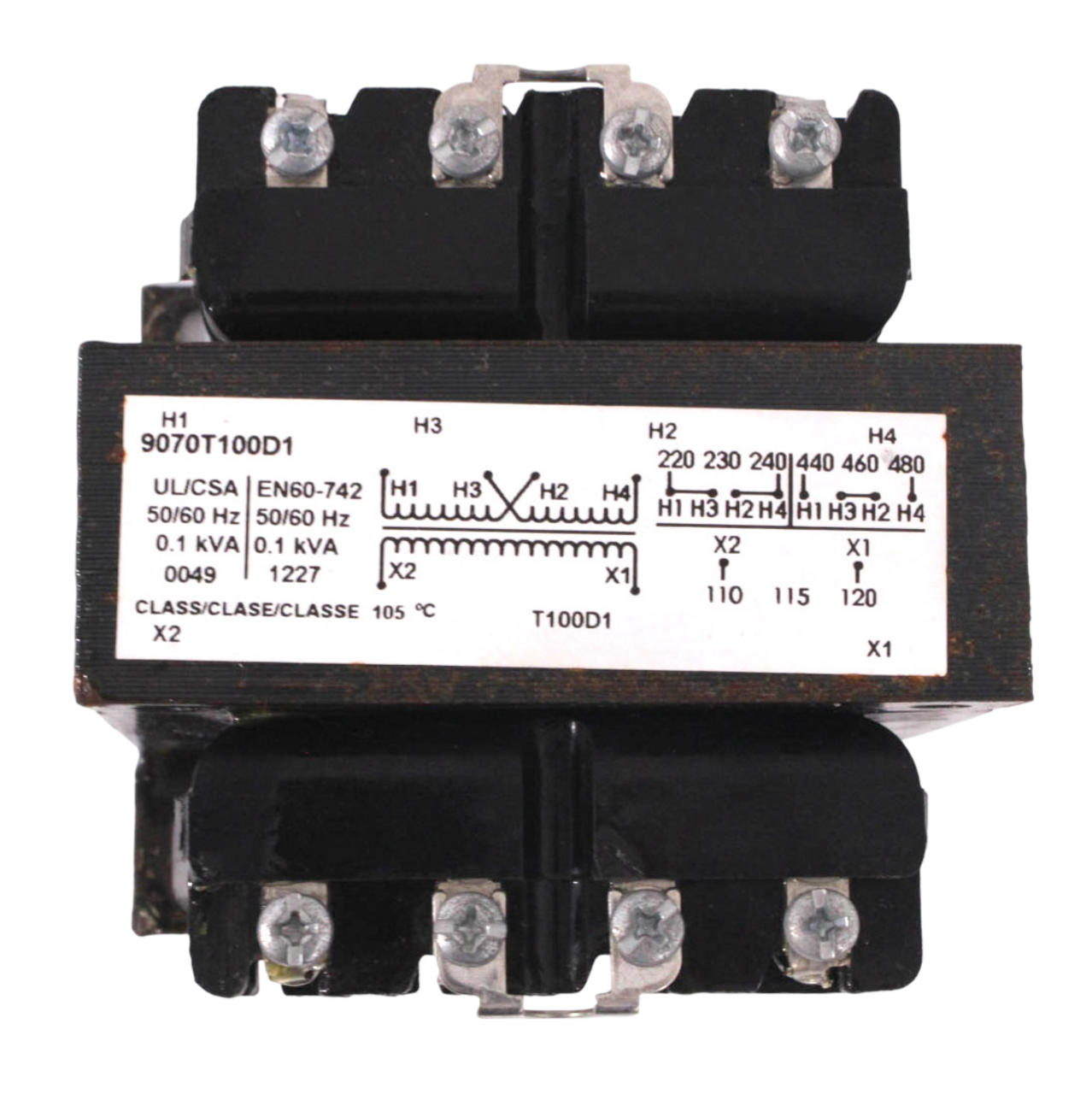 Square D 9070T100D1 Transformer 100VA 1PH P:240/480V S:120V 0.1 kVA