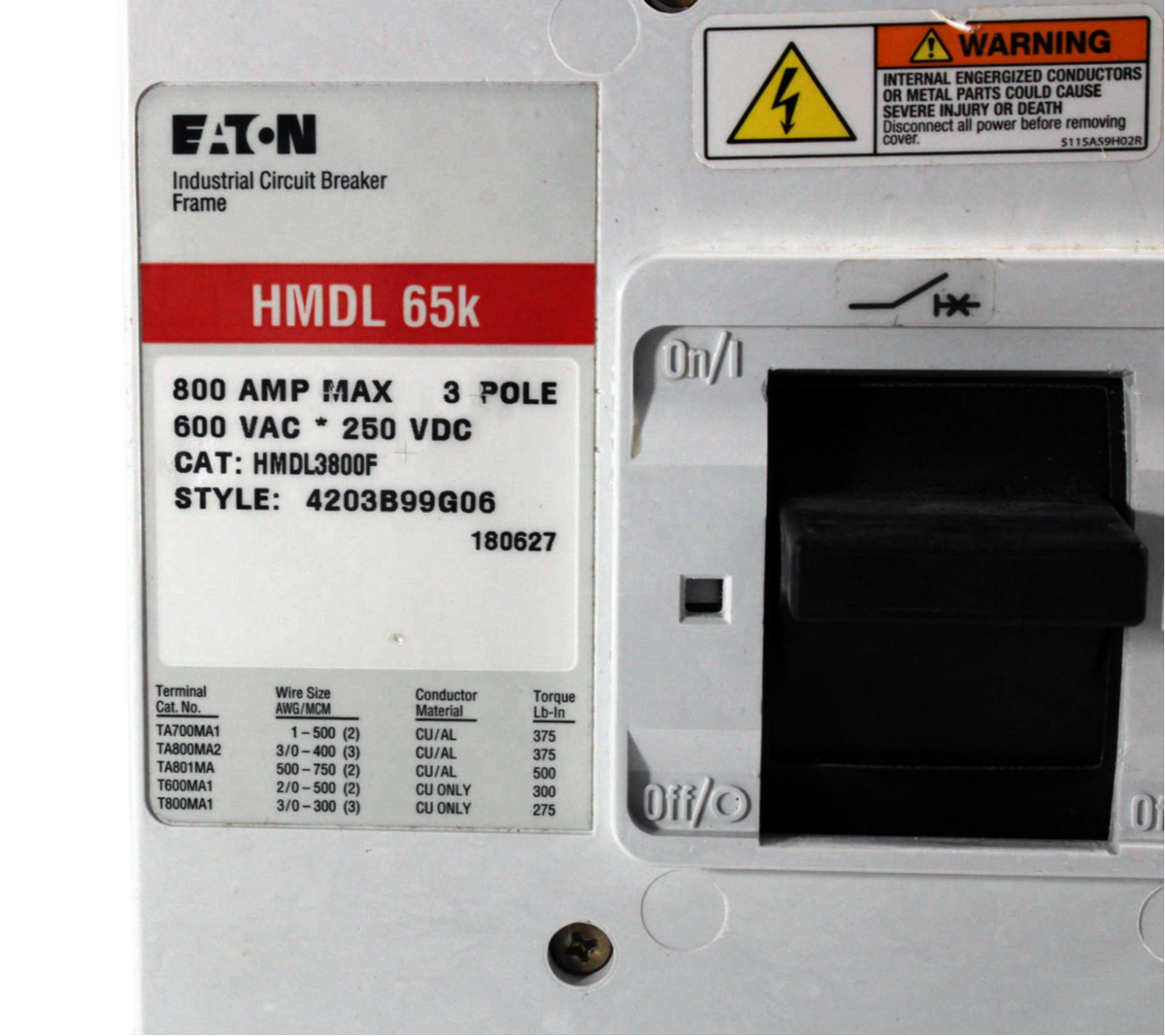 Eaton HMDL3800F Breaker 800A 600V 3P 3PH 35kA 50/60Hz Push to Trip Thermal Magnetic