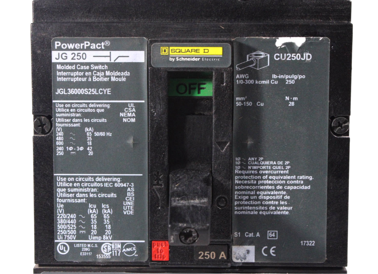 Square D JGL36000S25LCYE Breaker 250A 600V 3P 3PH 18kA PowerPacT J Automatic Swi
