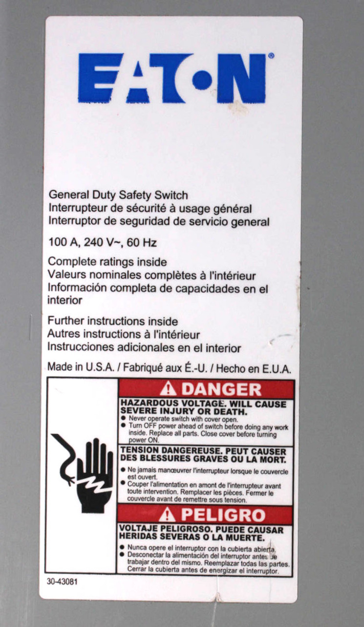Eaton DG223NRB Fusible Safety Switch 100A 240V 60Hz 2P NEMA 3R