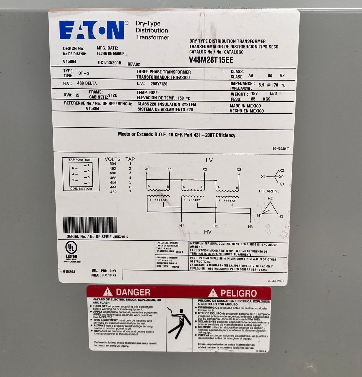 Eaton V48M28T15EE Transformer | 15kVA | 480V Primary | 208Y/120V Secondary | 3-Phase | 150°C Rise | Aluminum Coil