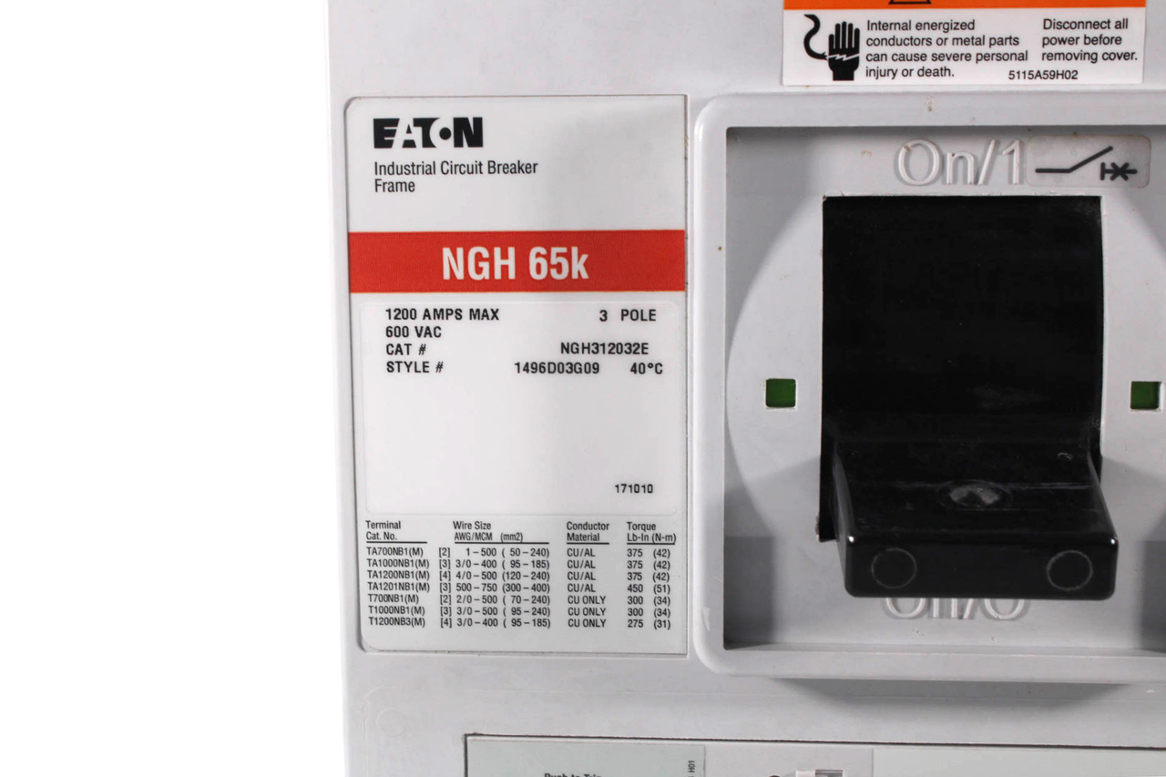 Eaton NGH312032E Circuit Breaker 1200A 600V 3P 3PH 35kA 50/60Hz LSI Trip Line and Load